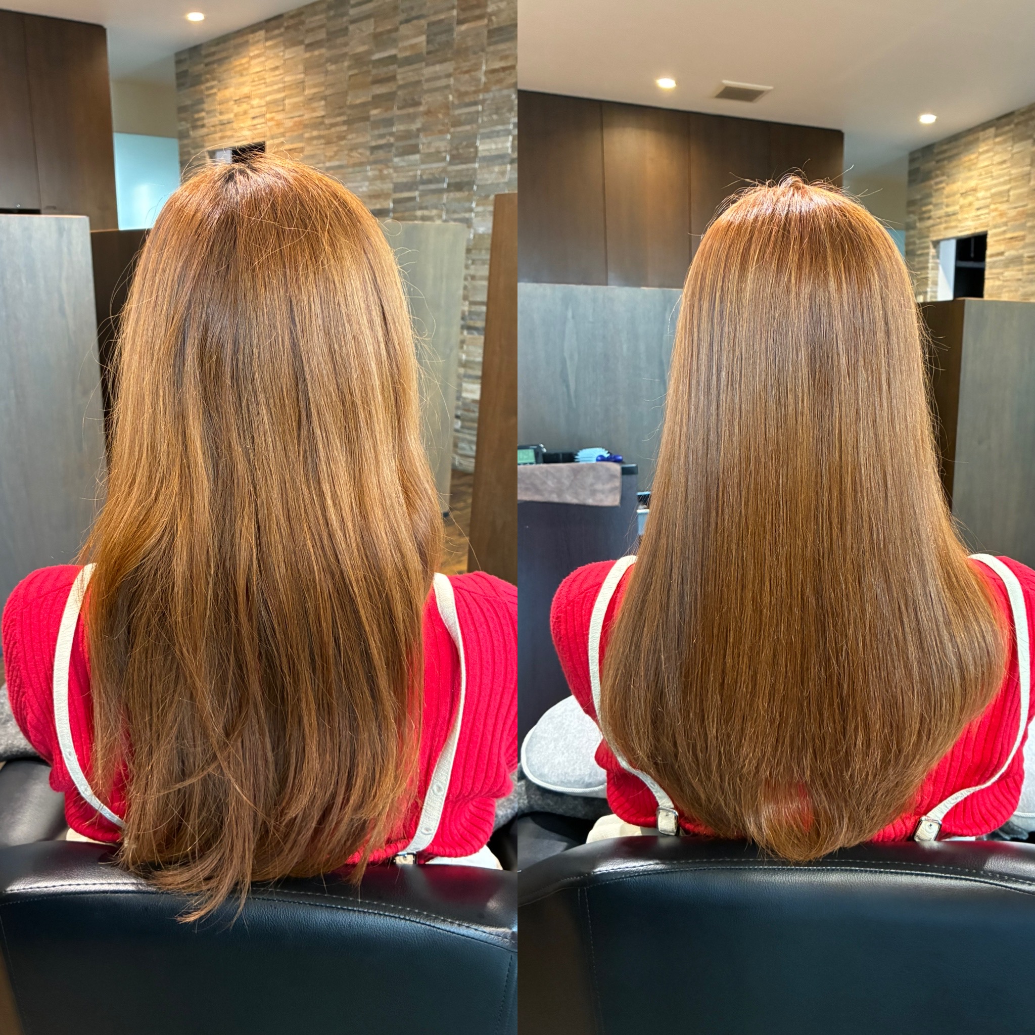 徳島髪質改善 MUNIONEシステムトリートメントによるハイダメージブリーチ毛のビフォーアフター写真。Beforeは毛先のパサつきと広がり、Afterはツヤとまとまりがある髪。