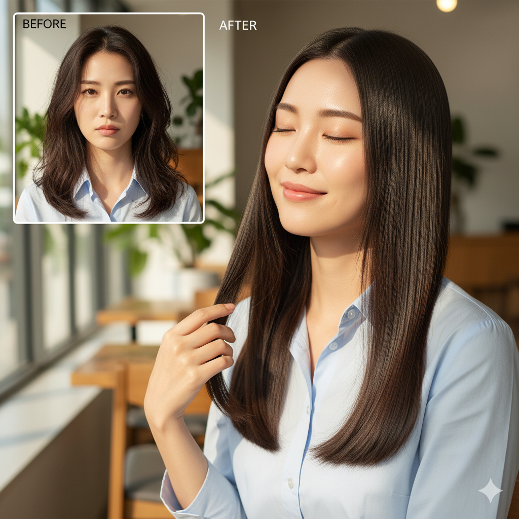 【徳島髪質改善】美容室MARRYのトリートメントエステ（MUNIONEシステム）によるBefore/Afterのビフォーアフター写真。パサつきやまとまりのなかった髪が、ツヤと指通りの良い美髪へと改善され、満足そうな女性の様子。