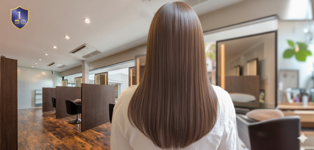 徳島髪質改善 美容室MARRYのMUNIONEシステムトリートメントによる極上艶髪の女性（後ろ姿）。左上に1ヶ月完全技術保証を示すアイコン。