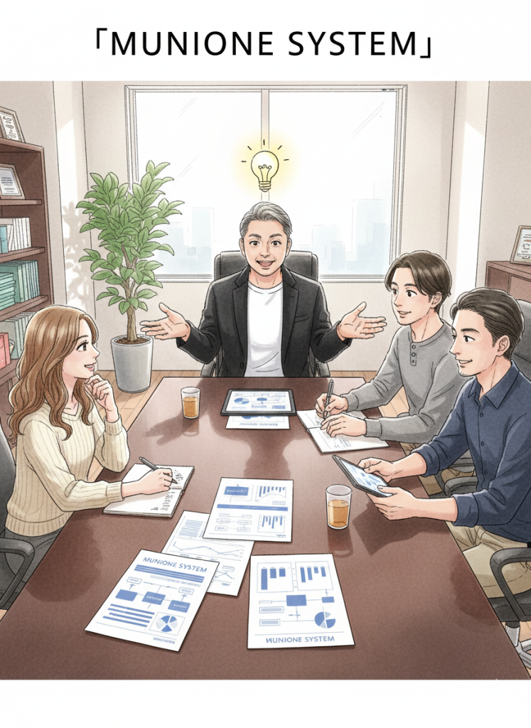 美容室のオフィスで、MUNILABOの男性経営者が3名の美容室経営者（ロングヘアの女性1名、男性2名）に対し、MUNIONEシステムの資料やタブレットを使って指導しているイラスト。全員が笑顔で、活発な意見交換が行われている和やかなミーティング風景。